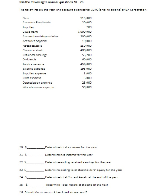 Use the following to answer questions 20-26 The following are the year-end account balances for 20XC (prior to closing) of BA