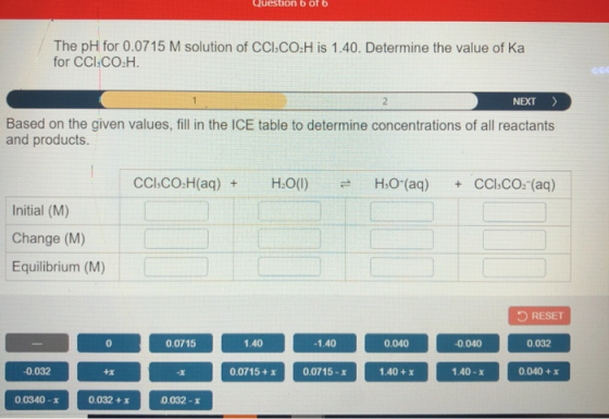 Question both The pH for 0.0715 M solution of CCI.CO.H is 1.40. Determine the value of Ka for CCI.CO.H. NEXT Σ. Based on the