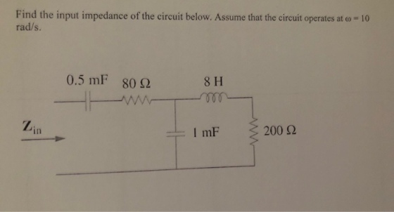 Find the input impedance of the circuit below. Assume that the circuit operates at o 10 rad/s. 0.5 mF 80 ? 8 H Zin 200 ? I mF