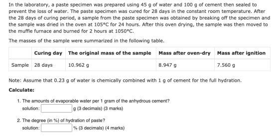 In the laboratory, a paste specimen was prepared using 45 g of water and 100 g of cement then sealed to prevent the loss of w