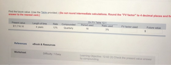 Find the future value. (Use the Table provided.) (Do not round Intermediate calculations. Round the FV factor to 4 decimal