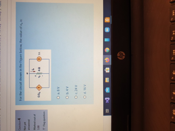 Question 4 For the circuit shown in the Figure below, the value of v, is: Not yet answered Marked out of 3.00 0.5% 40 1A P Fl