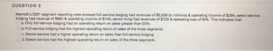 QUESTION 2 Marriotts 2001 segment reporting note showed full-service lodging had revenues of $5,238 (in milions) & operating