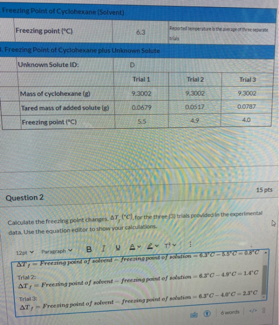 Freezing Point of Cyclohexane (Solvent) Freezing point (°C) Reported temperature is the average of three separate 6.3 trials