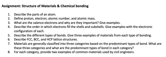 Assignment: Structure of Materials & Chemical bonding 1. Describe the parts of an atom. Define proton, electron, atomic numbe