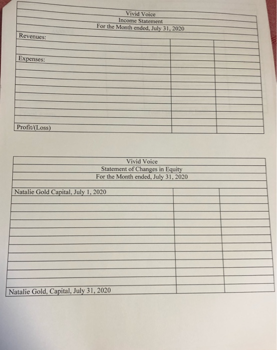 Vivid Voice Income Statement For the Month ended, July 31, 2020 Revenues: Expenses: Profit/(Loss) Vivid Voice Statement of Ch