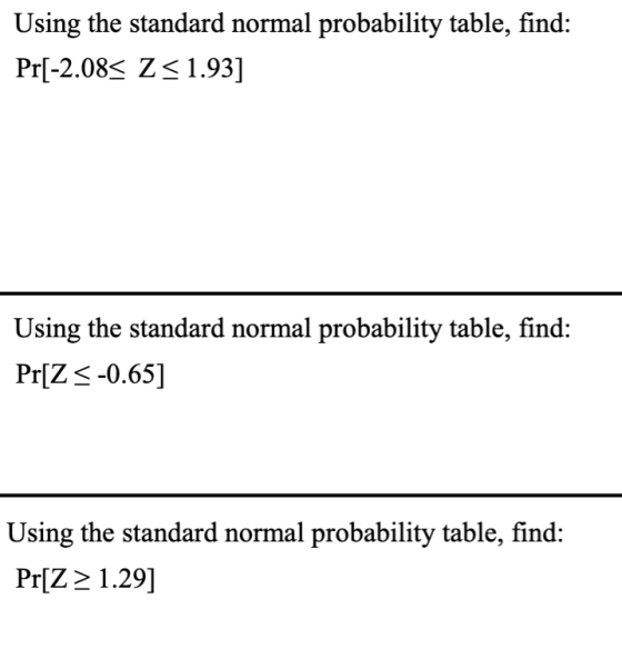 Using the standard normal probability table, find: Pr[-2.08< Z < 1.93] Using the standard normal probability table, find: Pr[