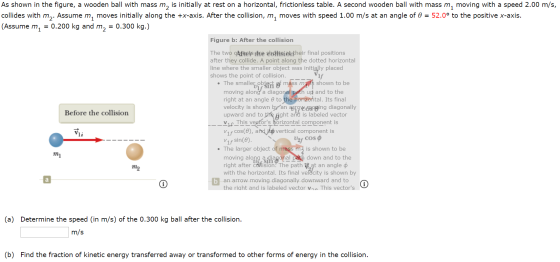 As shown in the figure, a wooden ball with mass m, is initially at rest on a horizontal, frictionless table. A second wooden