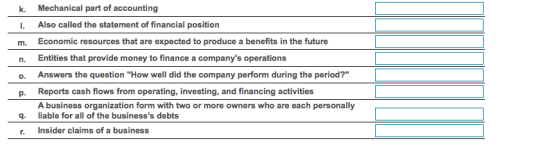 Mechanical part of accounting Also called the statement of financial position m. Economic resources that are expected to produce a benefits in the future n. Entities that provide money to finance a companys operations o. Answers the question How well did the company perform during the period? p. Reports cash flows from operating, investing, and financing activities A business organization form with two or more owners who are each personally liable for all of thebsiesss debts r. Insider claims of a business