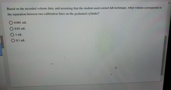 Based on the recorded volume data, and assuming that the student used correct lab technique, what volume corresponds to the s