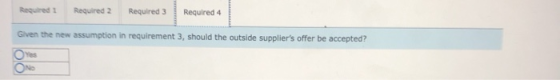 Required 1 Required 2 Required 3 Required 4 Given the new assumption in requirement 3, should the outside suppliers offer be