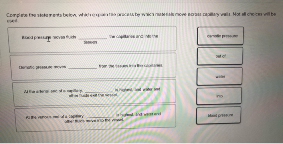 Complete the statements below, which explain the process by which materials move across capillary walls. Not all choices will