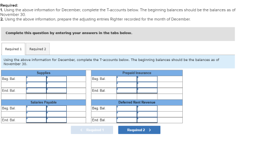 Required: 1. Using the above information for December, complete the T-accounts below. The beginning balances should be the ba