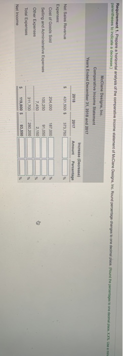 Requirement 1. Prepare a horizontal analysis of the comparative income statement of McClane Designs, Inc. Round percentage ch