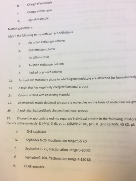 b, Charge of molecule Charge of the resin d, Ligand molecule Matching questions Match the following terms with correct definitions a. An anion exchanger column b. Gel filtration column c. An affinity resin d. A cation exchanger column e. packed or poured column 22. An insoluble stationary phase to which ligand molecule are attached (or immobilized) 23. Aresin that has negatively charged functional groups 24, column is filled with absorbing material 25. An immobile matrix designed to separate molecules on the basis of molecular weight 26. A resin that has positively charged functional groups 27. Choose the appropriate resin to separate individual protein in the following mixture a. QAE-sephadex b. Sephadex G-25, Fractionation range:1-5 KD c Sephadex, G-75, Fractionation range:3-80 KD d. SephadexG-100, fractionation range: 4-150 KD e. DEAE-sepadex