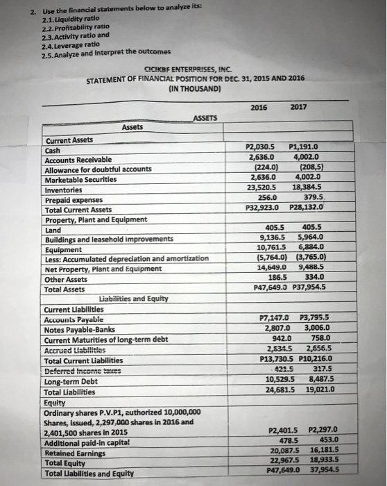 2. Use the financial statements below to analyze its: 2.1. Uquidity ratio 2.2.Profitability ratio 2.3. Activity ratio and 2.4