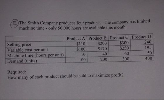 E.) The Smith Company produces four products. The company has limited machine time - only 50,000 hours are available this mon