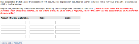 Blue Corporation traded a used truck (cost $20,400, accumulated depreciation $18,360) for a small computer with a fair value