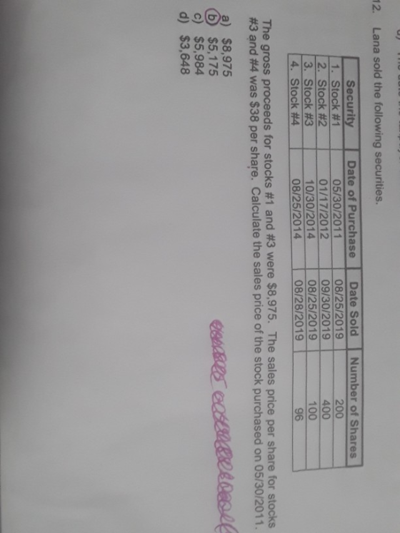 12. Lana sold the following securities. Security 1. Stock #1 2. Stock #2 3. Stock #3 4. Stock #4 Date of Purchase 05/30/2011
