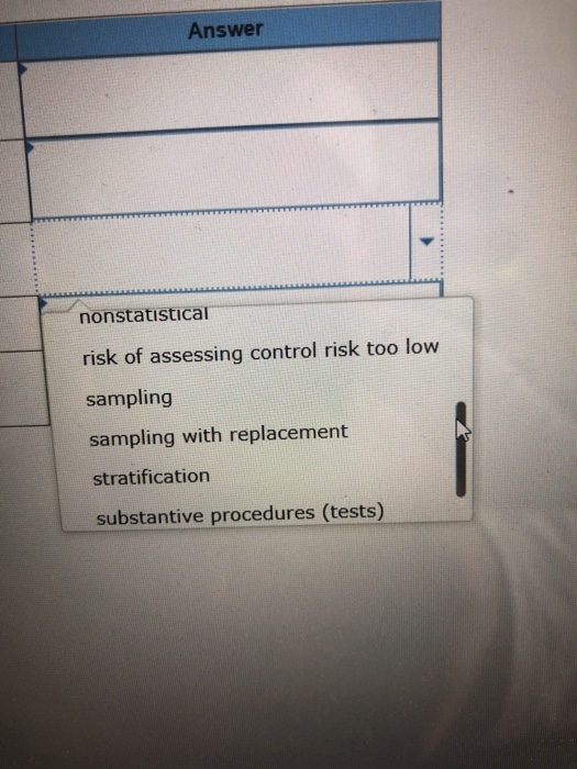 Answer nonstatistical risk of assessing control risk too low sampling sampling with replacement stratification substantive pr