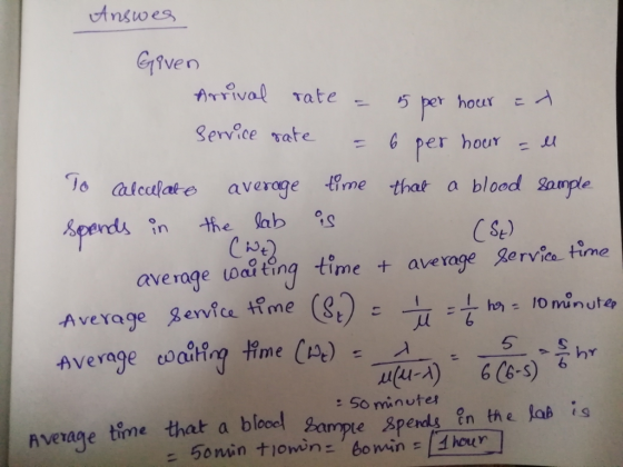 Answes Gqtve n Se㎡ce Tate - 6 per hour o aleulat e average time that a blood Sample pends n the lab CSt) rage Bervita tine 七 average oa? ting time t ave Average 3ervice Hime Average coaiting fime 6 6-S : So minutes nverage time that a bloo ame Sperds en the lab is