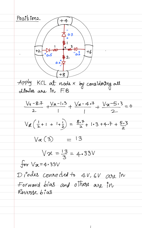 Positions +4) 4.0.7 KMM 2 -AWE tto. &2 (+8) Apply KCL at node x by considering all diodes are in FB Vx-8.7 Va-1.3, VX-407 - +