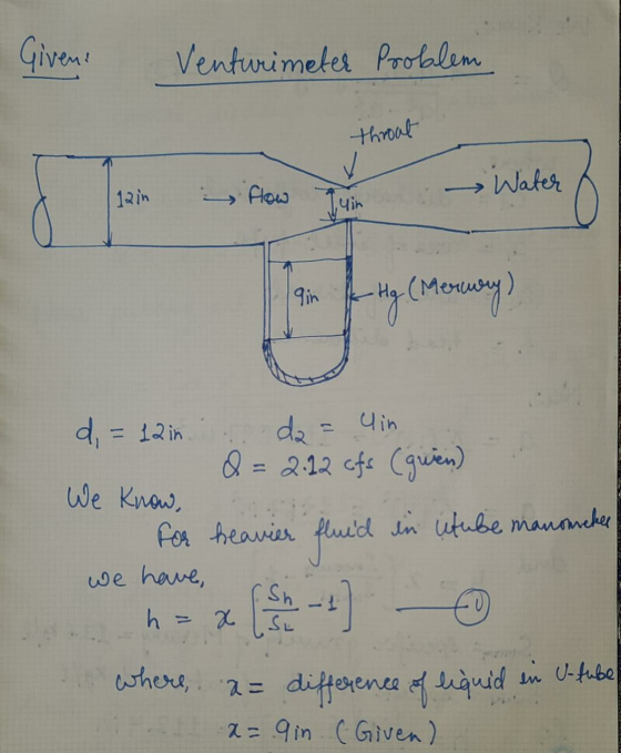 Given! Venturimeter Problem throat K flow Juin 12in Water gin -Hg (Merway) d = 12in da = in &= 2.12 cfs (given) We know, in