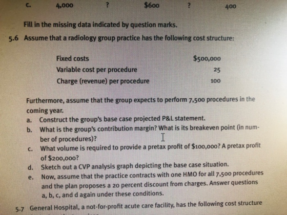 $600 C. 4,000 400 Fill in the missing data indicated by question marks. Assume that a radiology group practice has the follow