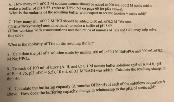 6. How many mL of 0.2 M sodium acetate should be added to 200 mL of 0.2 M acetic acid to make a buffer of pH 5.5? (refer to Table 2-2 on page 60 for pKa values). What is the molarity of the resulting buffer with respect to acetate (acetate + acetic acid)? 7. How many mL of 0.2 M HCl should be added to 50 mL of 0.2 M Tris base (Trishydroxymethyl aminomethane) to make a buffer of pH 8.0 Hint: working with concentrations and then ratios of mmoles of Tris and HCL, may help solve this one). What is the molarity of Tris in the resulting Buffer? 8. Calculate the pH of a solution made by mixing 100 mL of 0.1 M NaH:POs and 300 mL of o.1 M Na2HPO4 9. To each of 100 ml of three (A, B, and C) 0.1 M acetate buffer solutions (pH of A-4.0, pH of B- 4.76, pH of C 5.5), 10 mL of 0.1 M NaOH was added. Calculate the resulting change in the pH. 10. Calculate the buffering capacity (A mmoles OH/ApH) of each of the solutions in question 9 above. How does the buffering capacity change in relationship to the pKa of acetic acid?