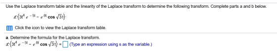 Use the Laplace transform table and the linearity of the Laplace transform to determine the following transform. Complete par