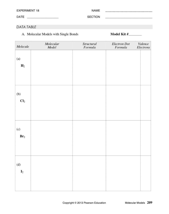 EXPERIMENT 18 NAME DATE SECTION DATA TABLE A. Molecular Models with Single Bonds Model Kit # Molecule Molecular Model Structu