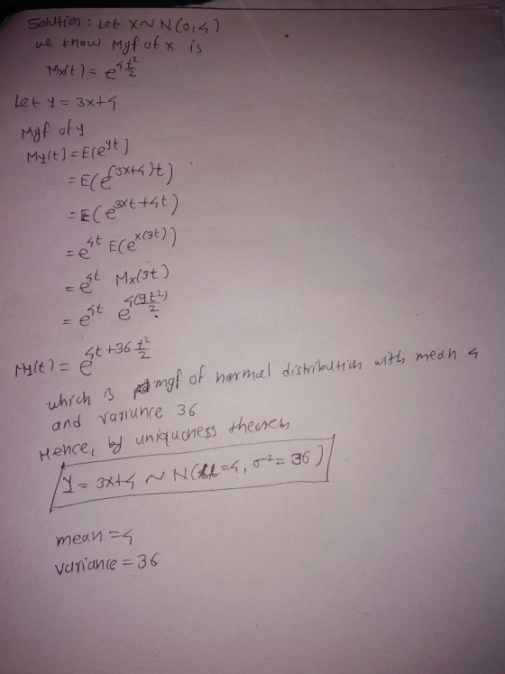 solution: Let XNN(0,4) we know Myf of is Malt) = e te Let y = 3x+4 Myf oty My(t) = Elett) = Ele Coxt4 It) = E(ext+st) = est E