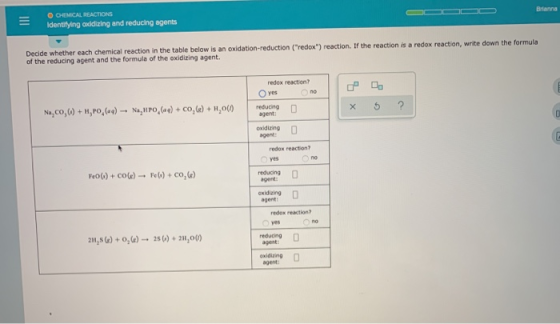 O CEMICAL REACTIONS Identifying aiddizing and reducing agents Brianna Decide whether each chemical reaction in the table belo