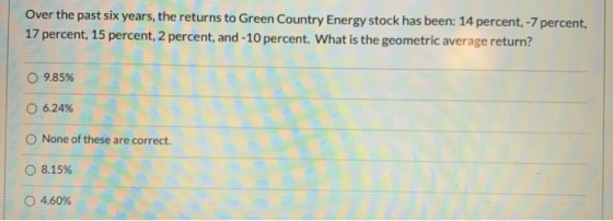 Over the past six years, the returns to Green Country Energy stock has been: 14 percent, -7 percent, 17 percent, 15 percent,