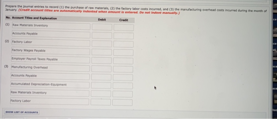 Prepare the journal entries to record (1) the purchase of raw materials, (2) the factory labor costs incurred, and (3) the ma