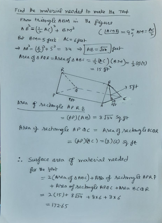 Find the material needed to make the Tent From triangle ABM in A B = (t Ac) + Bng? (LAMB =90 AM = AC the figure A But BM= 5 f