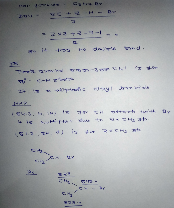 Mol Formula - DOU - 25 + 2 C3H7 Br. H - Br Z - zx3+2-7-1 = o to it has no double tond.. IR Peat around sago-3000 tmt is for -