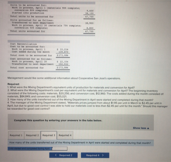 9.600 38.100 47,700 Units to be accounted for : Work in process, April 1 materials 901 complete; conversion 801 complete) Sta