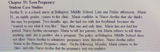 Chapter 35: Teen Pregnancy Student Case Studies Aretha R. is a school nurse at Belington Middle School. Late one Friday after