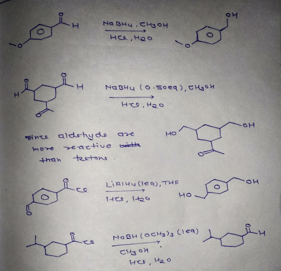 Na BHy H30H H HCR,H20 NaBHy (0.50eq),CHaM HTo, H2O OH nte aldhy ds are HO eactive more teatons hran LIAIHU (1e9),THF OH HO 1-