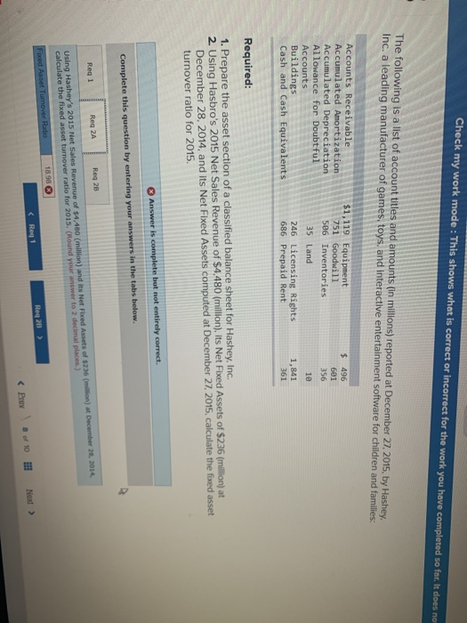 Check my work mode: This shows what is correct or incorrect for the work you have completed so for. It does no The following