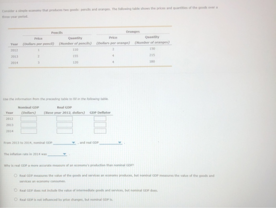 Consider a simple economy that produces two goods: pencils and oranges. The following table shows the prices and quantities of the goods over a three-year period Pencils Oranges Price Price Quantity Quantity (Number of pencils) 110 155 120 (Dollars per pencil) (Dollars per orange) (Number of oranges) Year 2012 2013 2014 150 215 180 Use the information from the preceding table to fill in the following table Real GDP (Base year 2012, dollars) Nominal GDP (Dollars) GDP Deflator Year 2012 2013 2014 From 2013 to 2014, nominal GDP and real GDP The inflation rate in 2014 was Why is real GOP a more accurate measure of an economys production than nominal GOP OReal GDP measures the value of the goods and services an economy produces, but nominal GOP measures the value of the goods and services an economy consumes OReal GDP does not indlude the value of intermediate goods and services, but nominal GDP does. OReal GOP is not influenced by price changes, but nominal GDP Is