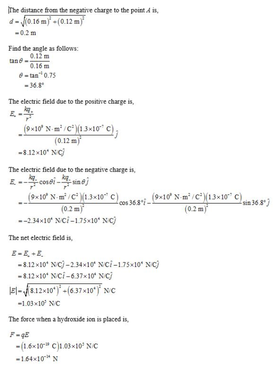 The distance from the negative charge to the point A is, d (0.16 m) +(0.12 m) = 0.2 m Find the angle as follows: 0.12 m tan 8