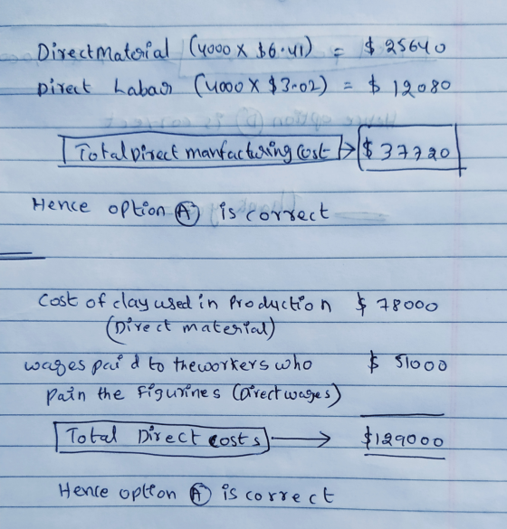 Direct material (4000 x $6.41) = $25640 pirect Labour Cuooo x $3.02) $ 12080 I Total bisect manfacturing cost $37720 Hence op