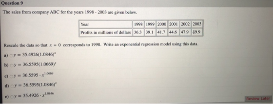 Question 9 The sales from company ABC for the years 1998 - 2003 are given below. Year 1998 1999 2000 2001 2002 2003 Profits i