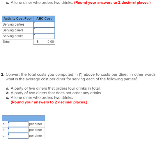 c. A lone diner who orders two drinks. (Round your answers to 2 decimal places.) Activity Cost Pool ABC Cost Serving parties
