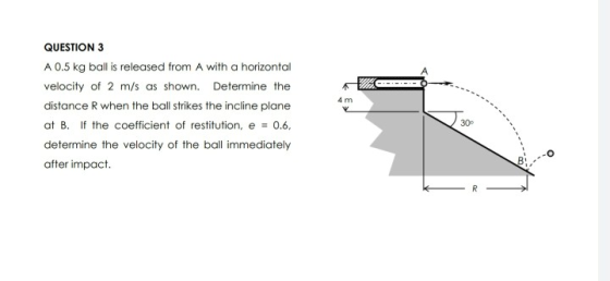 QUESTION 3 A 0.5 kg ball is released from A with a horizontal velocity of 2 m/s as shown. Determine the distance R when the b