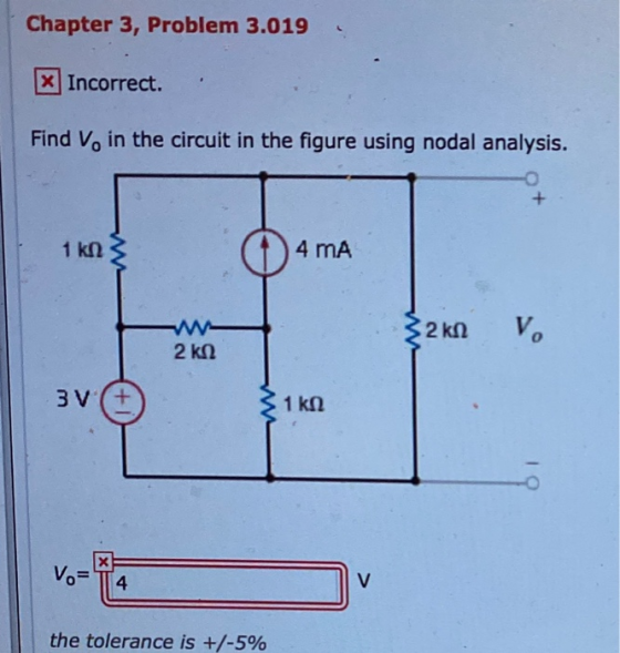 Chapter 3, Problem 3.019 * Incorrect. Find Vin the circuit in the figure using nodal analysis. 1 ko 4 mA 322 V W 2 k2 3 V 31k