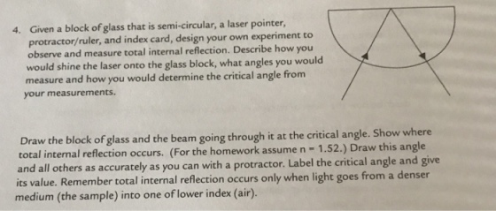 4. Given a block of glass that is semi-circular, a laser pointer, protractor/ruler, and index card, design your own experiment to observe and measure total internal reflection. Describe how you would shine the laser onto the glass block, what angles you would measure and how you would determine the critical angle from your measurements. Draw the block of glass and the beam going through it at the critical angle. where total internal reflection occurs. (For the homework assume n 1.52.) D this angle and all others as accurately as you can with Label the critical angle and give a protractor. its value. Remember total internal reflection occurs only when light goes from a denser medium (the sample) into one of lower index (air