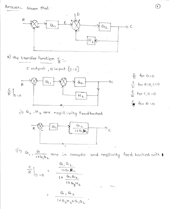 Answer: Given that D R E Gi 672 с H₂K a) The transfer function § - Coutput , R input (o=o] صال for D=0 GU G2 >c E R for R=0,0